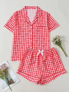 Women's Vintage Plaid & Cute Bowknot Print Pajama Set, Short Sleeve Shorts, Soft Comfortable Homewear, Casual All Seasons Sleepwear