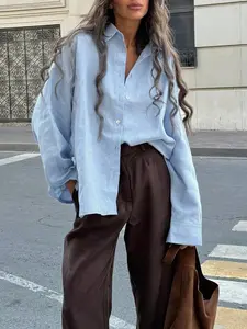 Spring Autumn New Women's Casual French Commute Chic Fashion Street Style Solid Color Loose Jacket, Shell Decorated Button Long Sleeve Shirt Coat