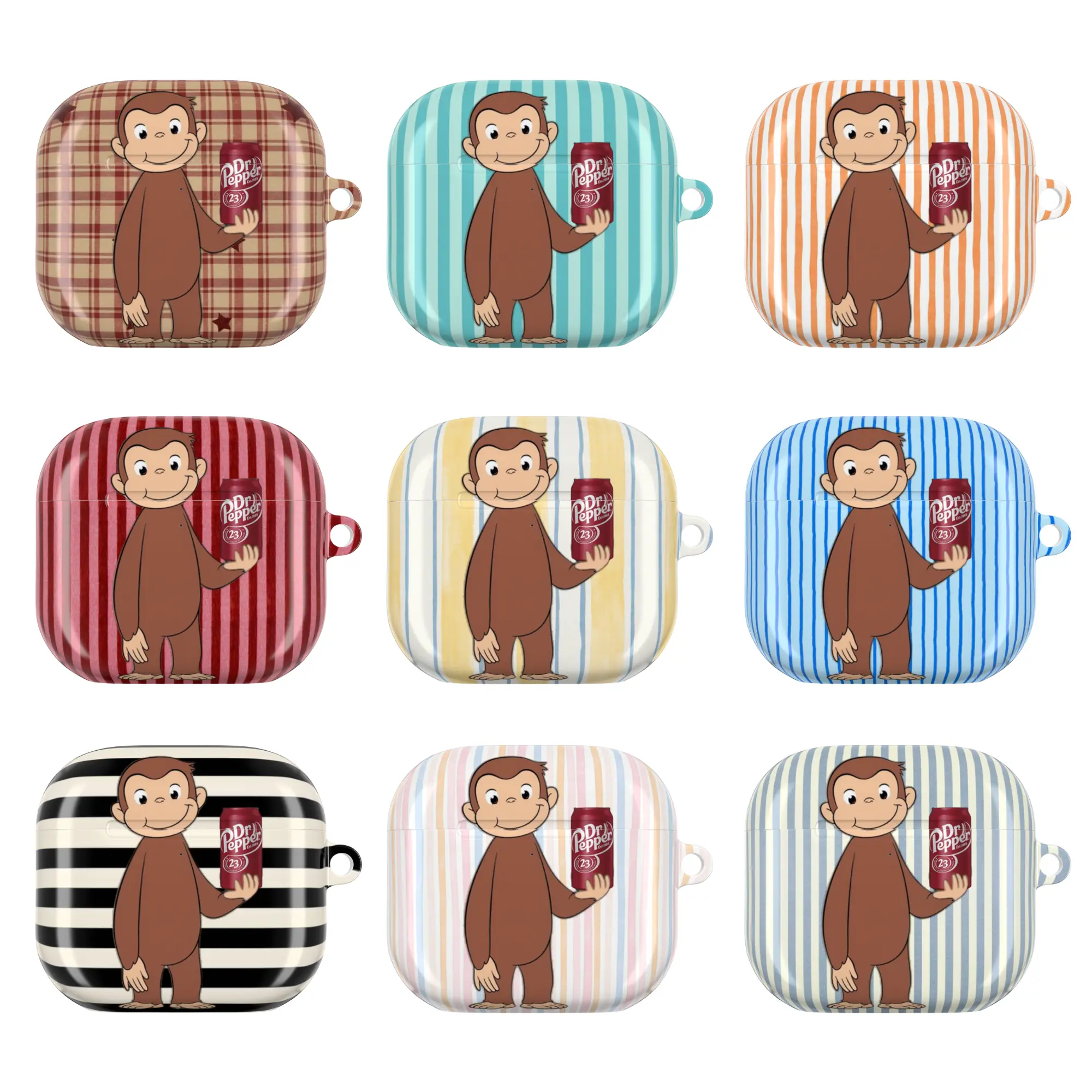 Cute Curious George AirPods Case for AirPods 1 2 3 4, AirPods Pro 1 2 3, Striped Aesthetic Cartoon Earbuds Cover, Funny Dr Pepper Monkey Protective Case