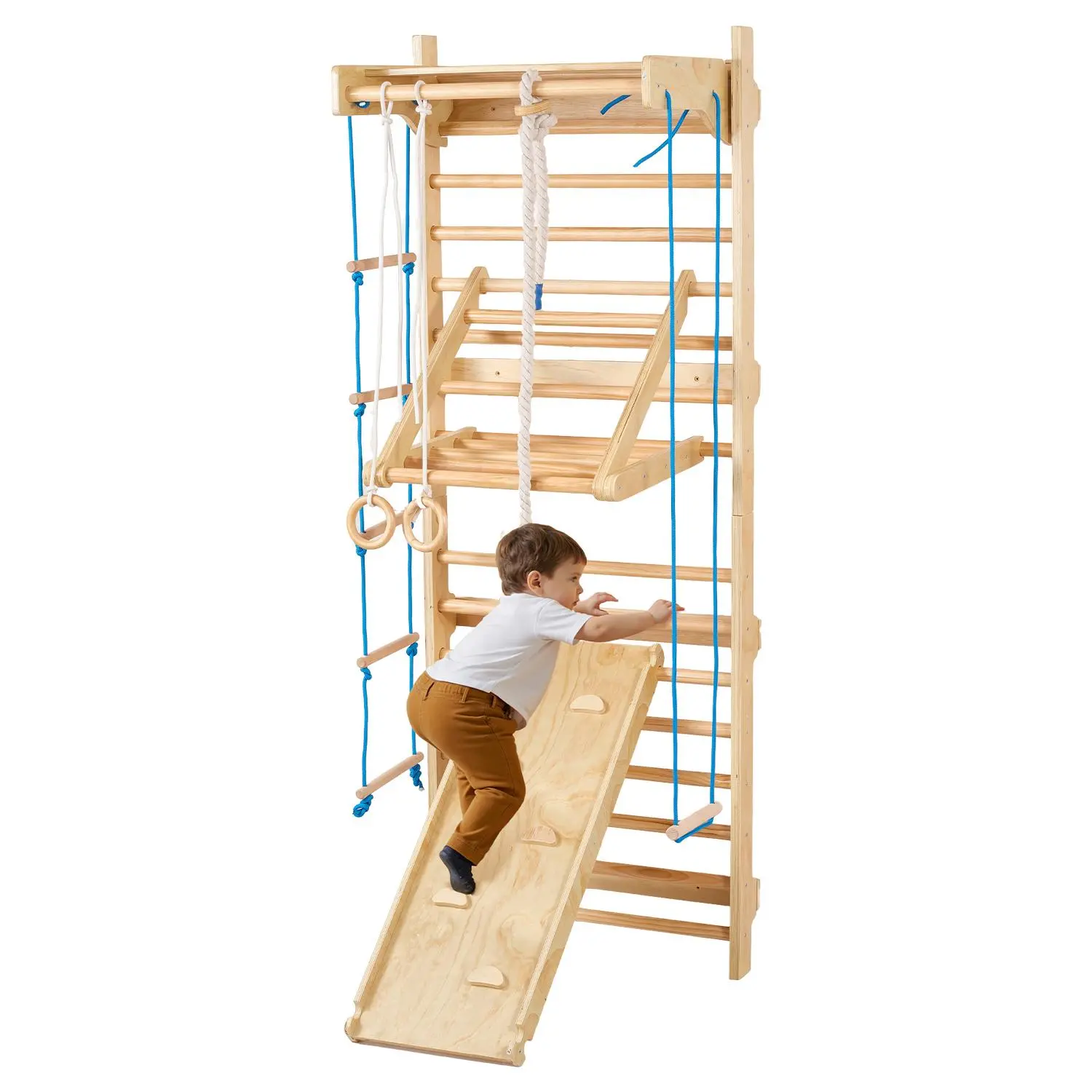 【SummerFinds】VEVOR Swedish Ladder Wall Gym,  8-in-1 15 Levels Solid Wood Wall Stall Bars, 220LBS Indoor Jungle Gym Climbing Playset with Wall Ladder, Slide Board, Pull-Up Bar, Gym Rings, Swing Seat, Rope Ladder