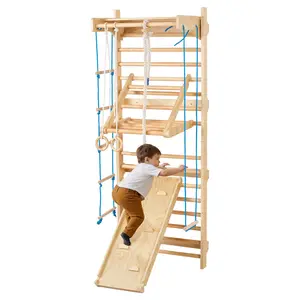 VEVOR Swedish Ladder Wall Gym,  8-in-1 15 Levels Solid Wood Wall Stall Bars, 220LBS Indoor Jungle Gym Climbing Playset with Wall Ladder, Slide Board, Pull-Up Bar, Gym Rings, Swing Seat, Rope Ladder