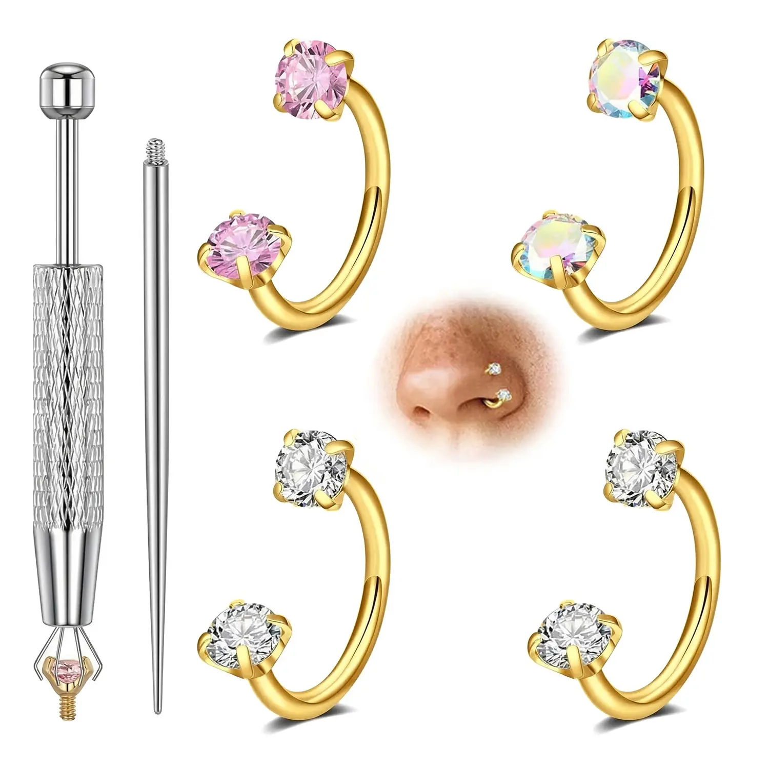6pcs Value Pack 316L Medical-Grade Titanium Steel 18G 1.0mm Internally Threaded Gems Horseshoe Nostril Hoop Nose Rings for Women with Free Ball Holder & Guiding Needle