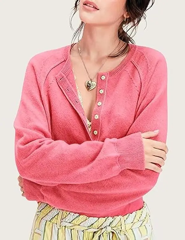 Mundoven Women's Casual Henley Sweater, Long Sleeve Solid Knit Cropped Pullover Tops with Button Front, Fabric, Knitting, Lady, Basic, Clothes