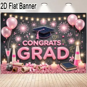 2D flat banner, 1pcCongrats Grad Banner - Graduation Decorations with Pink Shiny Letters, Black Graduation Cap, and Festive Pink Gold Fireworks for Graduation Party Celebrations, Perfect for Indoor Outdoor Backdrops and Wall Banners