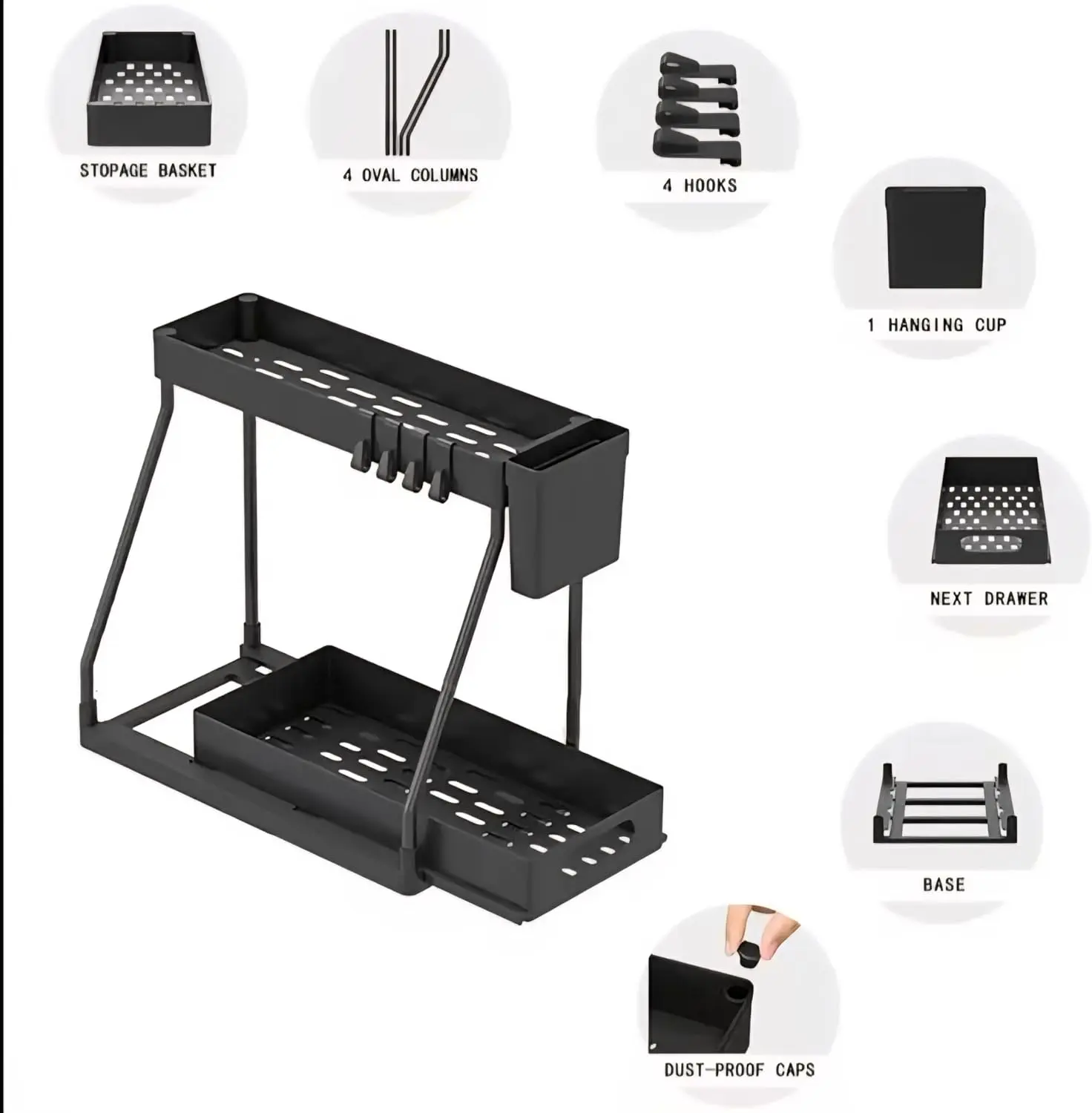 Under Sink Storage Shelf with Slide Out Drawers, 2-Layer Cabinet Organizer, Sturdy Metal Frame, Multi-purpose Holder for Cleaning Tools, Sponges & Brushes