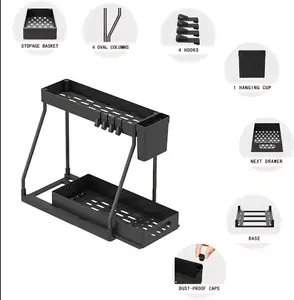 Under Sink Storage Shelf with Slide Out Drawers, 2-Layer Cabinet Organizer, Sturdy Metal Frame, Multi-purpose Holder for Cleaning Tools, Sponges & Brushes