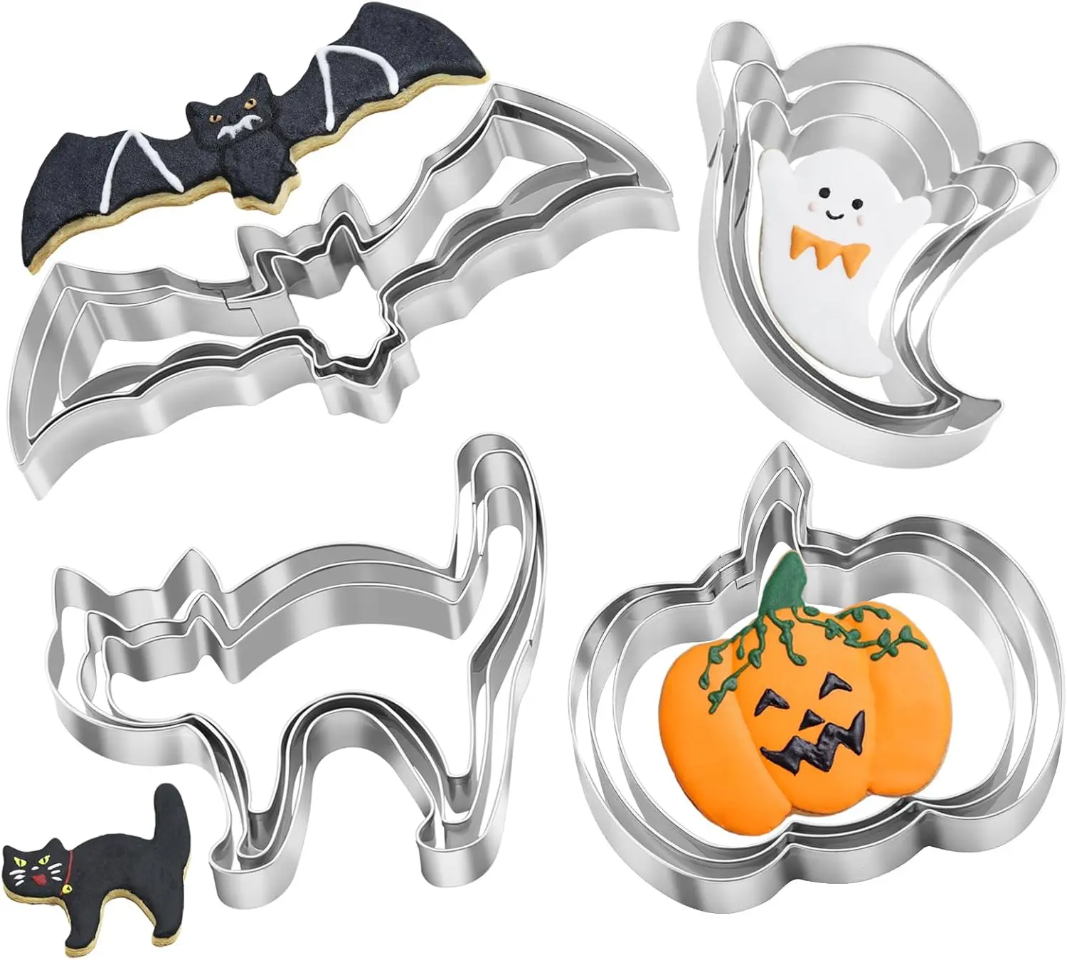 Halloween Cookie Cutters Set 12 Pcs, Stainless Steel Holiday Cookie Cutters Shape, 5.15” Bat, 3.54” Pumpkin, 3.34” Ghost, 3.5” Cat, Various Sizes Cute Cutters for Halloween Baking Party Decorations