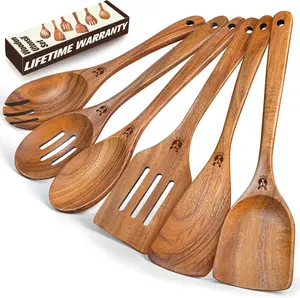 6-Piece Natural Teak Wooden Cooking Utensils Set - Long Comfortable Grip Spoons & Spatulas, Ideal for Non-Stick Cookware