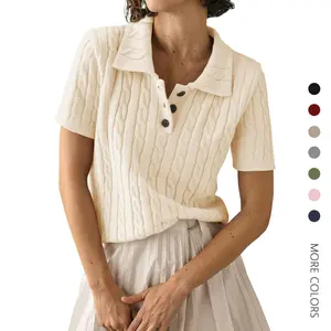 Danedvi Womens Short Sleeve Sweater Casual Polo V Neck Cable Knit Shirts Pullover Tops