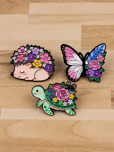 3pcs/set Cute Floral Hedgehog Butterfly Turtle Enamel Brooches, Backpack & Hat Decoration, Perfect Gift for Friends, Elegant Animal Theme Clothing Accessories