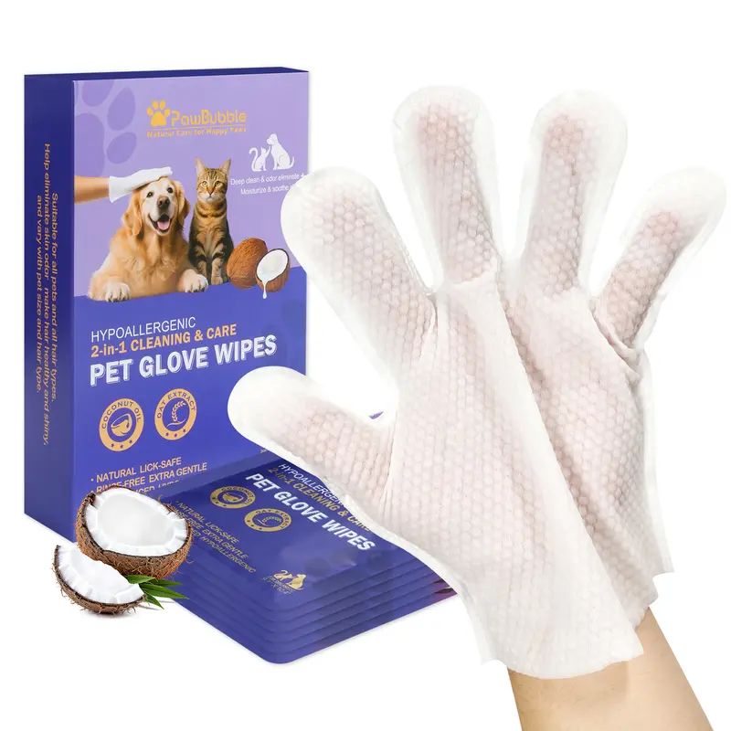 PawBubble Pet Grooming Glove Wipes - Alcohol-Free Gentle-Feeling, Hypoallergenic Dander & Odor, No-Rinse Extra Thick Grooming Products, Glove Grip For Confident Control, Fresh-Smelling, 6 Pcs For Dogs & Cats Dry Cleaning, Daily Care, Alcohol-Free Feels Ge