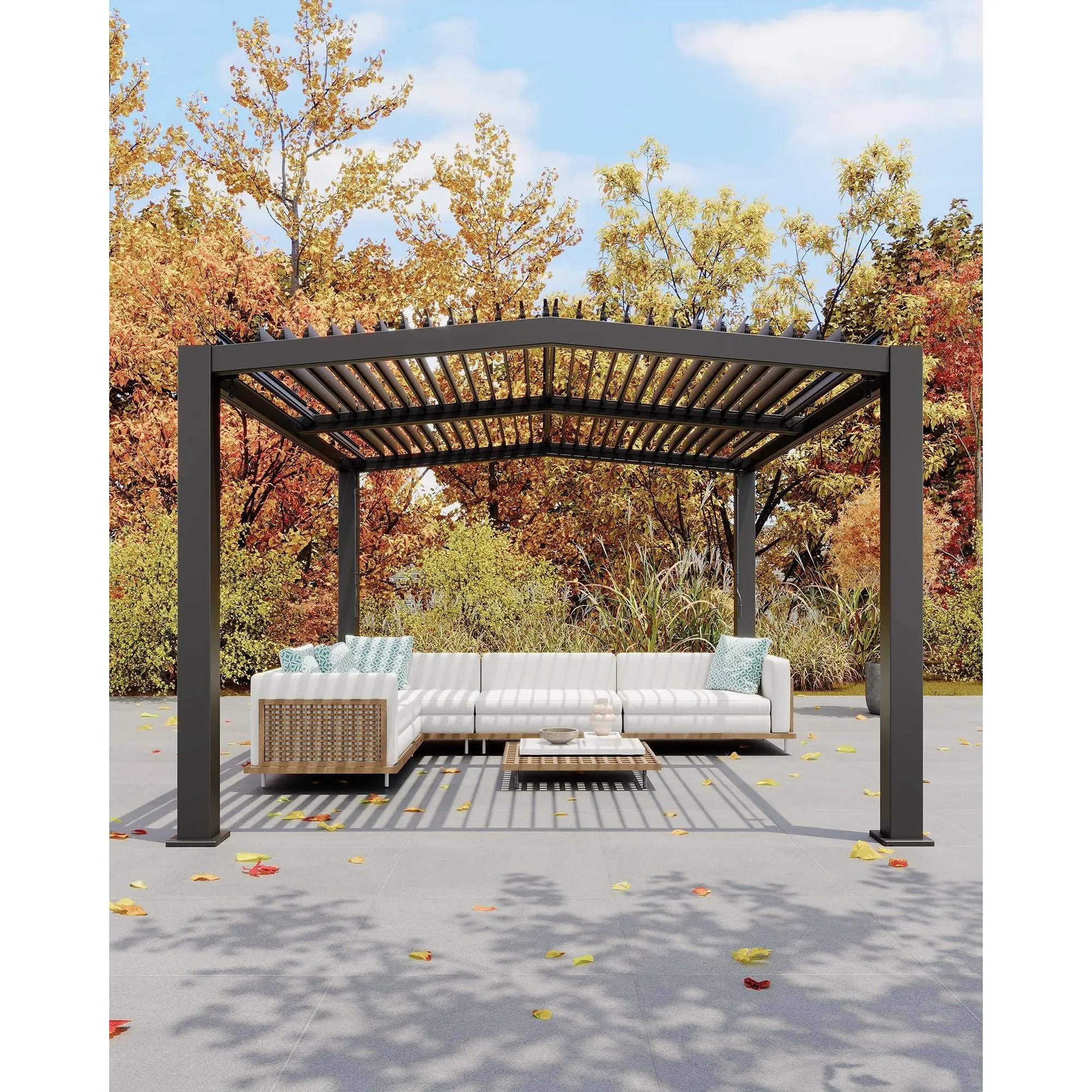 Garvee Louvered Pergola 11 Ft x 13 Ft, Outdoor Pergola with Adjustable Louvered Roof, Reinforced Aluminum Frame, Integrated Drainage System, Hardtop Gazebo for Patio, Deck, Wood Grain