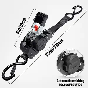 Heavy-duty automatic retractable cargo strap with S-hooks and clips, no assembly required, features a labor-saving design, ideal for towing, cargo bundling, and outdoor camping adventures, equipped with durable metal hardware