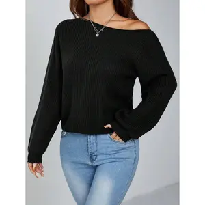 PETITE Pullover Slanted Shoulder Ribbed Women's Sweater,Long Sleeve Tops,Off The Shoulder Sweater In Fall/Winter Round Neck Long Sleeve Top im girl jacket poncho outfit women