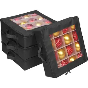 4 Pcs Christmas Ornament Storage Boxes with Dividers, 4 Individual Trays Hold 64 Holiday Decoration Balls, Durable Ornaments Organizer Storage Box with Zippered Closure & Handles (Black)