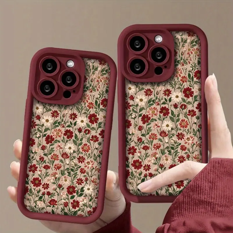 Fashionable color retro wine red flower pattern phone case, shockproof full coverage lens/simple/anti drop/phone case, suitable for iPhone 17/17 Plus/17 Pro/17 Pro Max 16/16 Plus/16 Pro/16 Pro Max、6/7/8/X/Xs/Xr/Xs Max/11/12/13/14/15 Pro Max
