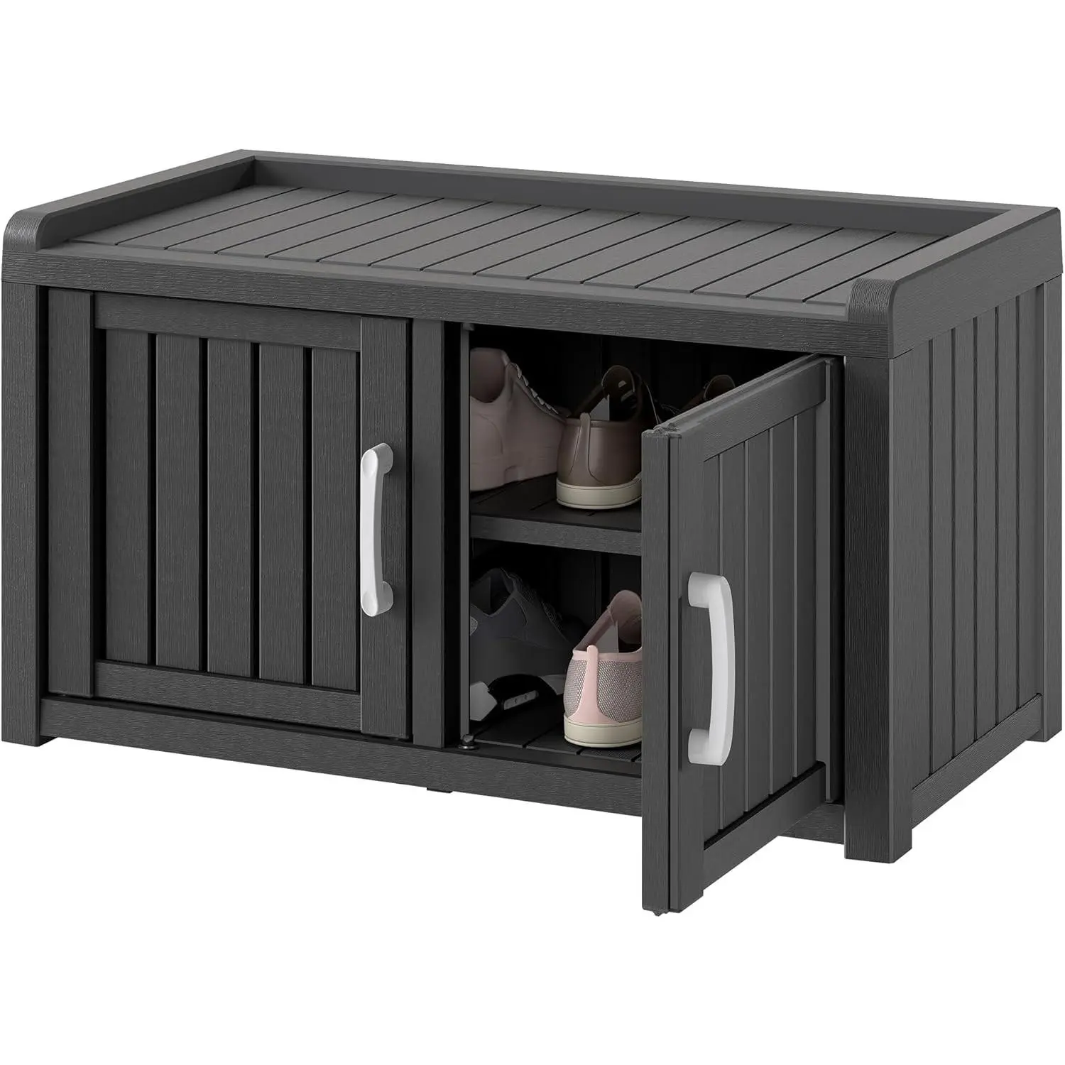 Outdoor Shoe Storage Cabinet, Waterproof UV-Resistant Entryway Storage Bench Indoor Outdoor with 2 Barn Doors, Adjustable Shelves for Entryway, Bedroom, Hallway,Living Room(Black)