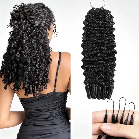10-22 Inch Burmese Curly Feather Crochet Hair Extensions Pre-Separated Invisible Knotless Human Hair Bundles Unisex Cyberpunk Texturizing Soft Feather Loop Braiding Hair for Women 100% Raw Hair