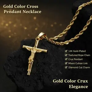 14K Gold-Plated Stainless Steel Textured Rope Chain Cross Pendant Clavicle Necklace - Gold-Tone, Statement Crucifix for Men - Thin Twisted Miami Cuban Link Diamond Cut Charm Necklace, Textured Rope Necklaces, Gold-Tone Cross Necklaces autumn rapper