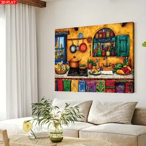 [2D Flat] 1pc Mexican Kitchen Wall Art Canvas |   Bohemian Spanish Folk Art with Chili Peppers, Maracas& Sombreros, Solid Wood Frame& Wrapped Edges, Ready-to-Hang Door Decor for Bedroom, Perfect for Mexican-Themed Housewarming, Room Decor, 2D Flat
