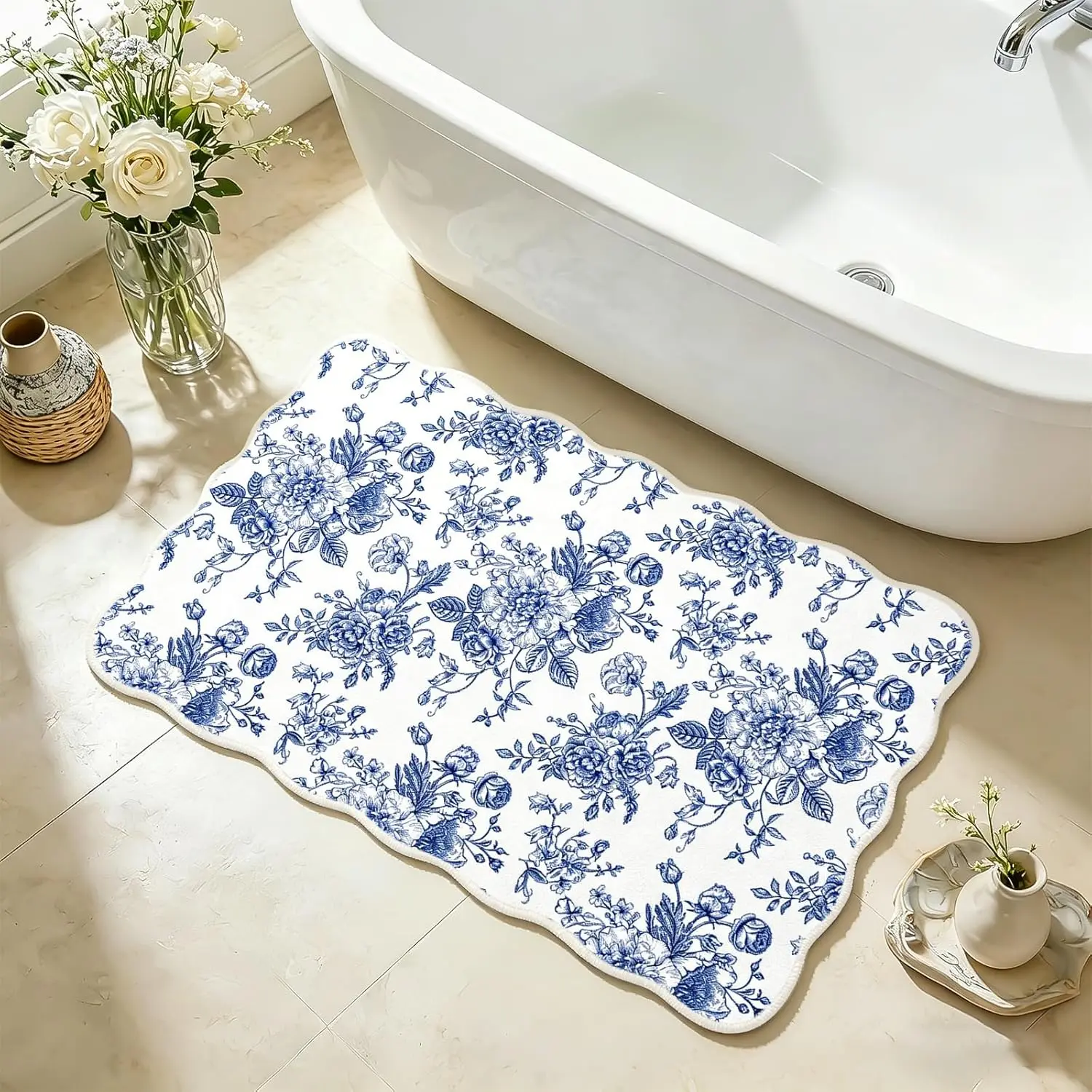Waline Soft Scalloped Edge Microfiber Leather Rubber Bathmat - 32x20", Absorbent, Waterproof, Non-Slip Back Floral Retro Chinoiserie Rectangle Blue Rug, Indoor/Outdoor Rolled Pack for Shower, Bathroom Home Supplies