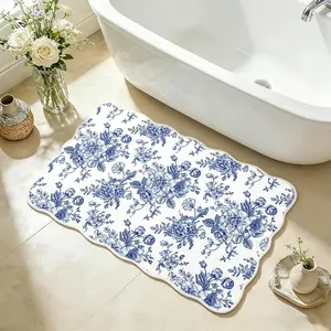 Whaline Blue Floral Rug Mat 32 x 20 Inch Chinoiserie Absorbent Bathmat Vintage Flower Scalloped Bathroom Rug for Birthday Home Kitchen Living Room Decor