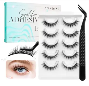 Bepholan Self Adhesive Eyelashes Natural Look,Pre Glued No Glue Needed Reusable Press On Lashes False Eyelashes Wispy with Tweezer of Replacement Adhesive Strips 8-14mm 5 Pairs(CVJ205)