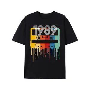 Retro 1989 Tape Graphic Print Men's Creative Top, Casual Slightly Stretch Short Sleeve Crew Neck T-shirt, Men's Tee For Summer Outdoor Made in USA