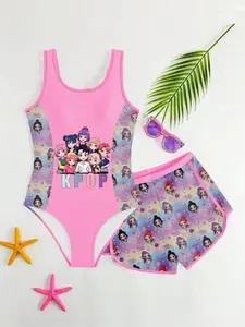 Girls' Idol Style Split Swimwear, Cartoon Print Tank Top Swimsuit + Shorts Set, Trendy Two-Piece Bathing Suit for Kids