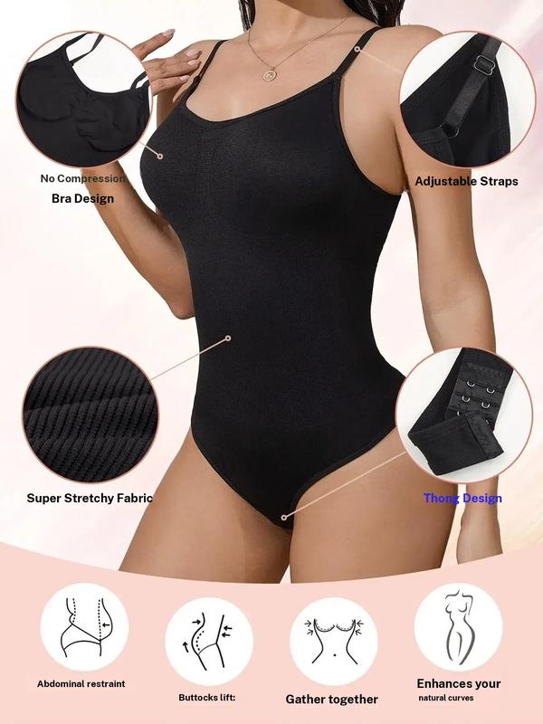 Seamless Covered Bust Jumpsuit Thong Bodysuit Fit Womenswear Comfort Shapewear Basic , Breathable Hip , Solid Adjustable Strap Thong Shapewear Bodysuit Compression Skinny Tummy Control Black Activewear Athletic Minimalist Sportswear