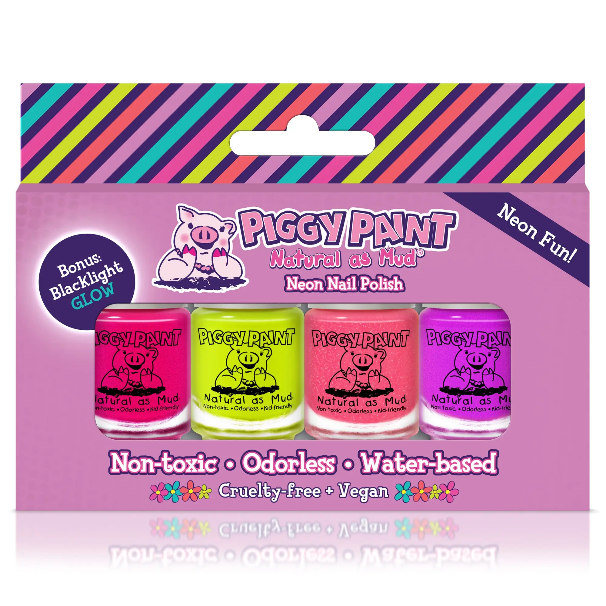 Kids' Non-Toxic Bright Neon Mini Size Piggy Paint 3-Pack Gift Set - Water-Based, Blacklight Fun, Vegan, Cruelty-Free, with Grape (Groovy), Lime Time, Light of the Party Shades, for Nail Art & Kids' Nails