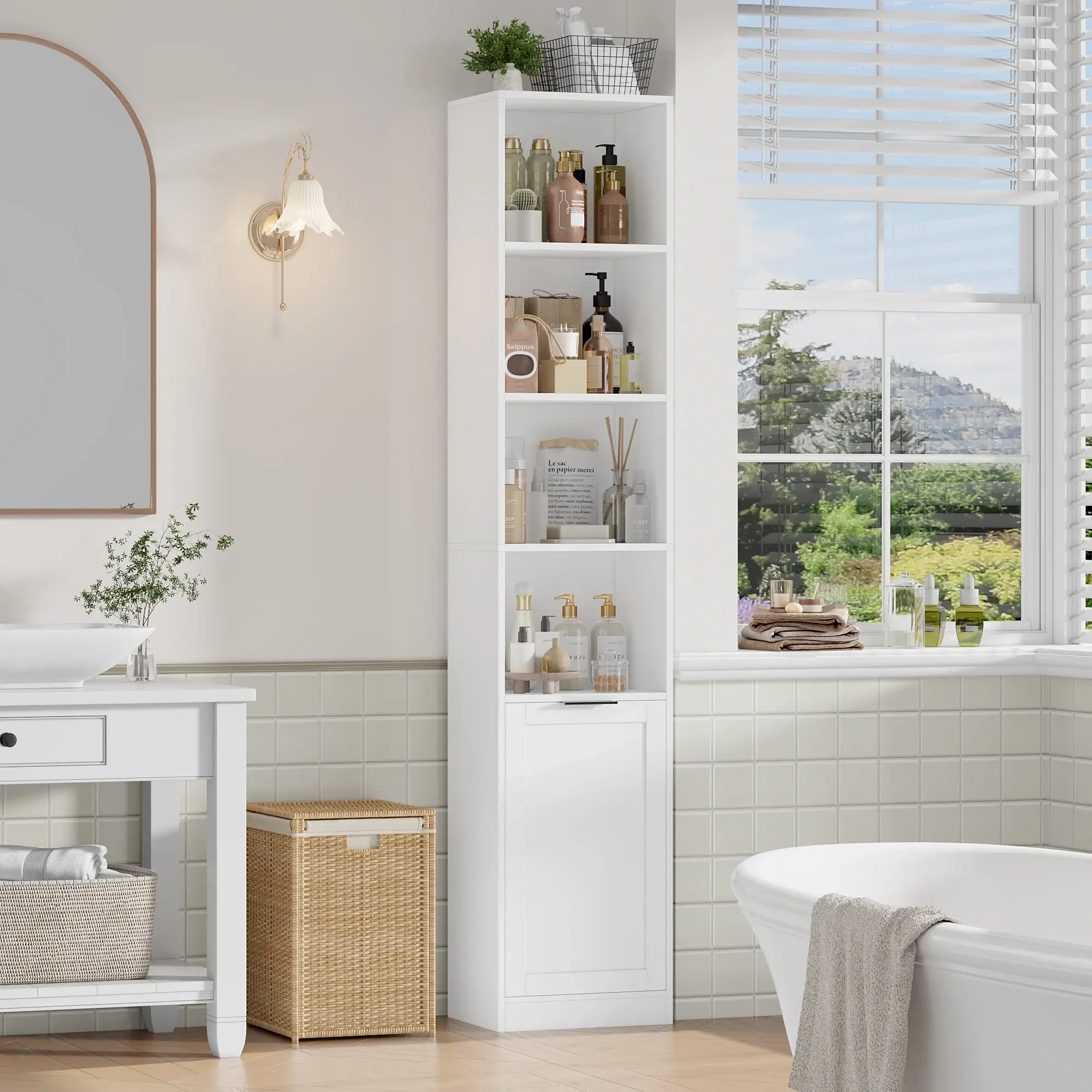 73.4" Tall Slim Bookcase, Storage Tower with Cabinet & 6 Shelves, Modern MDF Bookshelf for Living Room, Office, Bedroom