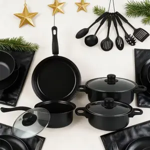 13 piece essential home cookware set with even-heating cast iron pot and easy-use nonstick pans perfect for beginner cooks and family meals