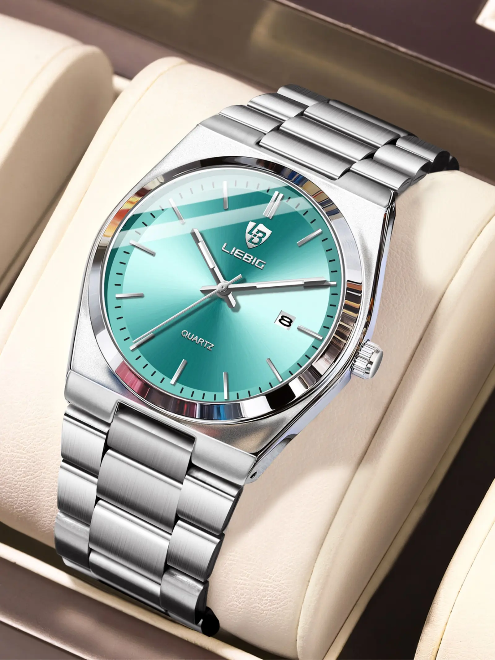 Liebig Ultra-Thin Men's Watch 9mm Slim Design, Stainless Steel Strap, Business Casual Calendar Wristwatch, 3atm Water Resistant, Night Glow