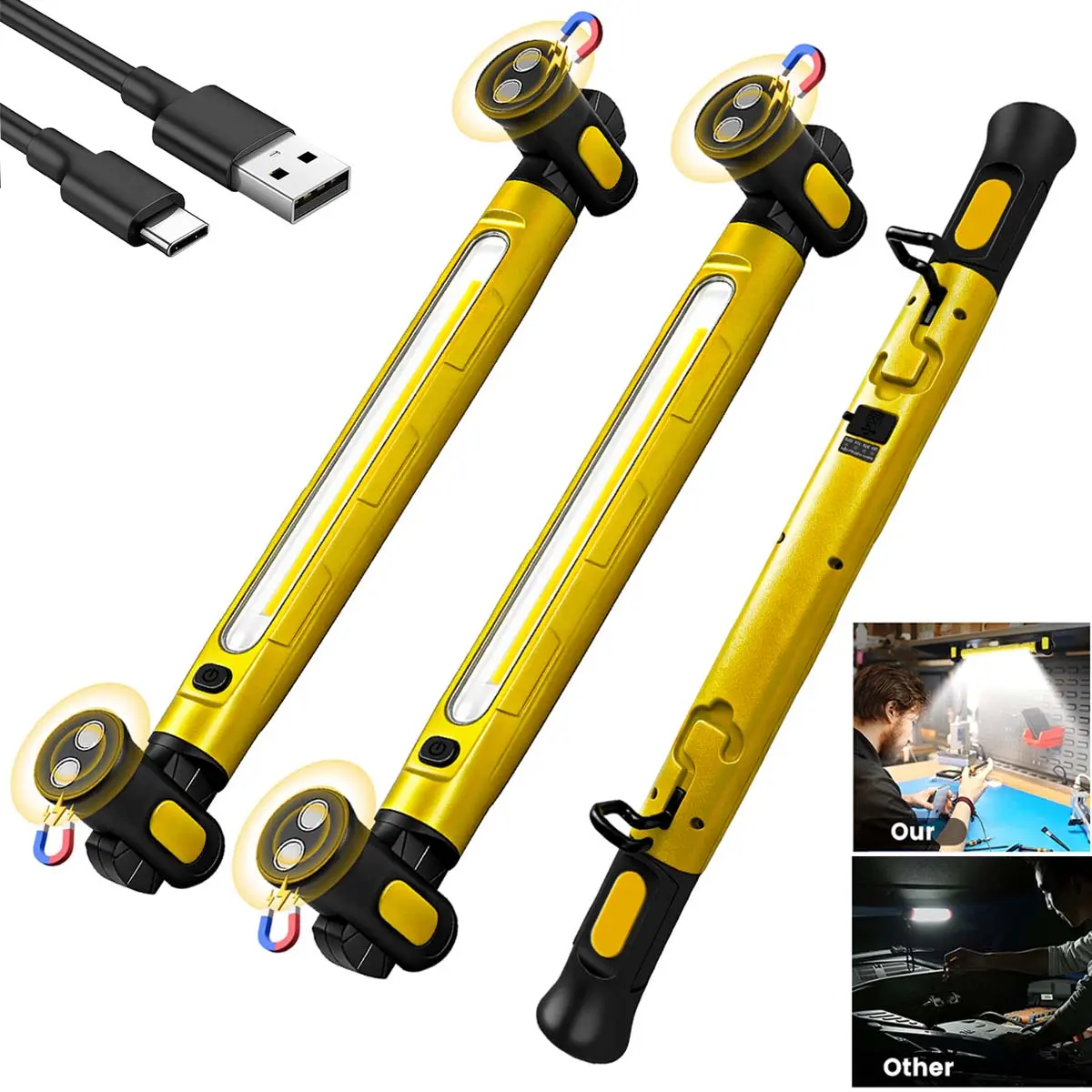 2Pack Work Light, High Bright LED Rechargeable Work Lights, Magnetic Under Bonnet Work Light Bar With Hooks, Hard Rubber Base, 360° Rotation, Cordless Portable Underhood Light For Mechanics For Car BonnetGarage Workshop Emergency