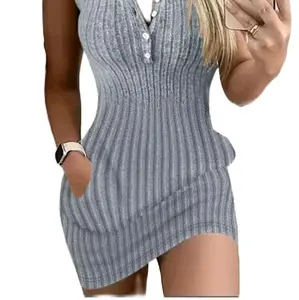 BOTTOM FRONT W/ POCKET TANK DRESS ELEGANT SLEEVELESS BODYCON SUMMER DRESS