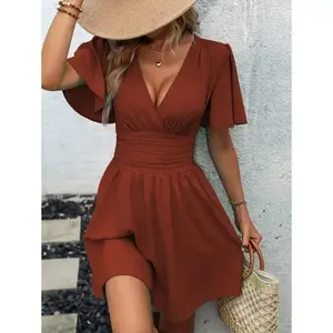 Plunging Neck Butterfly Sleeve Ruched Waist Dress