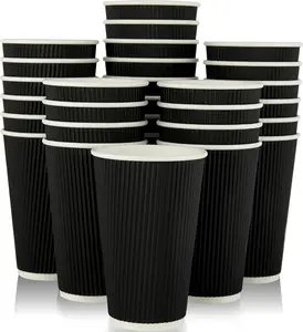 60 Pack 16 oz Paper Coffee Cups, Black Disposable Beverage Cups with Insulated Ripple Wall for Coffee, , and Hot
