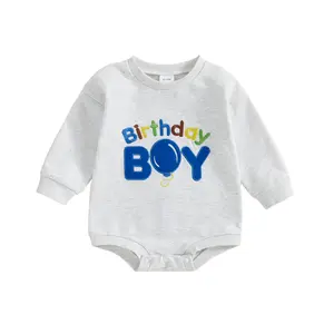 Baby Boy 1st Birthday Outfits First Birthday Sweatshirt Romper Birthday Boy Onesie Embroidery Long Sleeve Jumpsuit for Infant Toddler Fall Winter Outfit