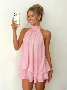 Sexy backless swimsuit perfect for vacation, beachwear, halter neck tie waist-cinching top and flared mini skirt, dress.