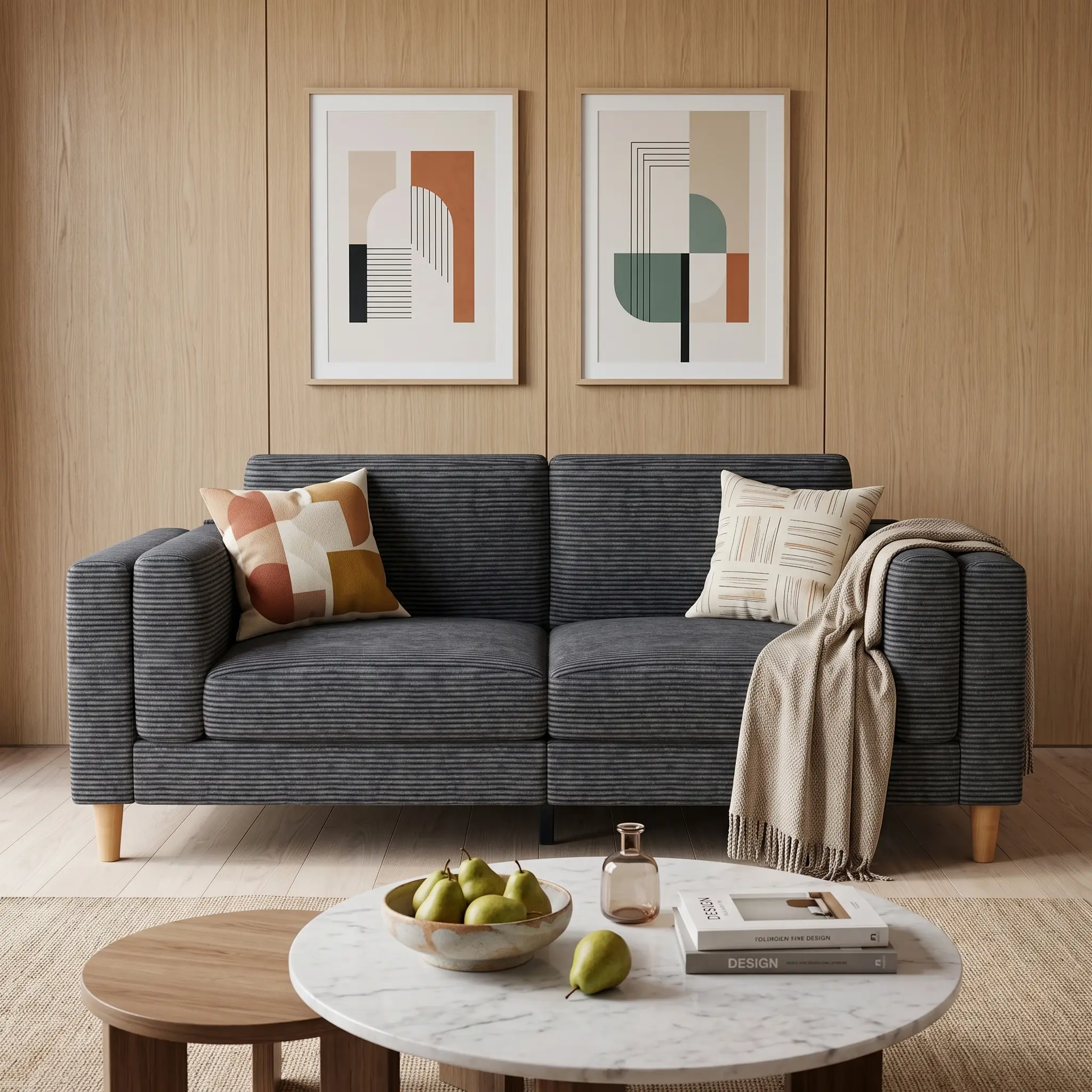 Modern Minimalist 2-Seater Corduroy Sofa for Homeowners - Premium Textured Striped Fabric & Independent Double Cushions, Living Room Furniture, Easy-to-Move Split Structure for Cozy Relaxation