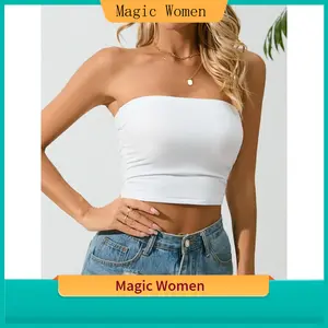 【Magic Women】2023 New Women's Strapless Ruched Detail Three-Quarter Tube Top - Semi- Summer Top with Smooth Texture, Hand Wash/Dry Clean, Sexy Solid Color for Casual & Evening Wear, Evening Attire, Ruched Detailing