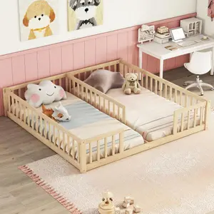 Double Twin Floor Bed with Fence, Guardrails, without door