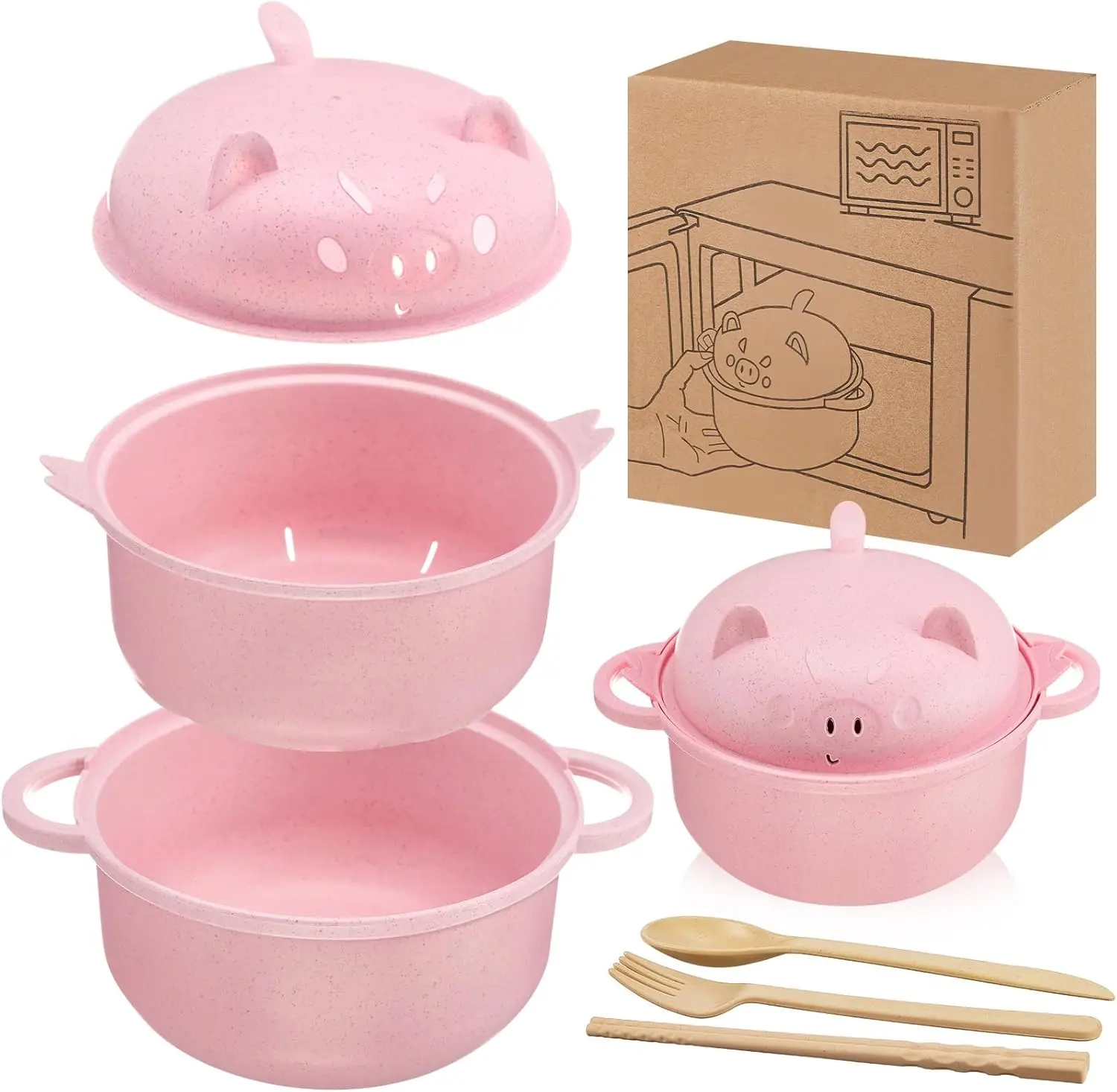 Pig Shape Round Microwave-Safe Ramen Noodle Bowl Tableware Set (1330ml/45oz) - Ramen Cooker with Strainer Lid, Handle, Spoon, Fork, Chopsticks for Home Use, Round Bowl