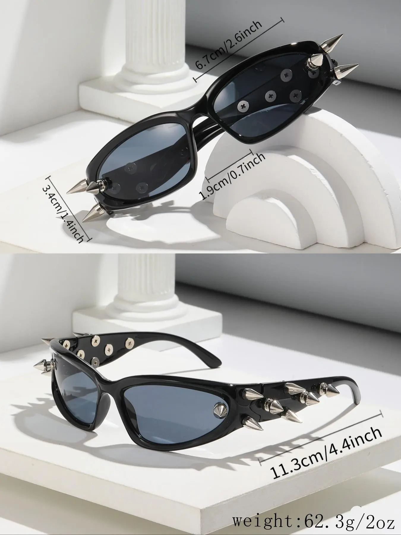 Studded Punk Rectangle Sunglasses UV400 PC Plastic Frame Amazon.com: COTIA One-piece Diamond Rivet Punk Rocker Large  main image 3