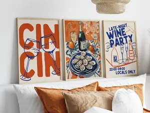 Vintage Wine Print, Bar Cart Art, Trendy Cin Cin Cheers Print, Vintage Food Poster, Set of 3 Retro Drink Print Maximalist Kitchen Wall Art