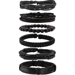 6 count Punk Braided Leather Bracelets for Men Women Cuff Wrap Wristbands Adjustable-USA