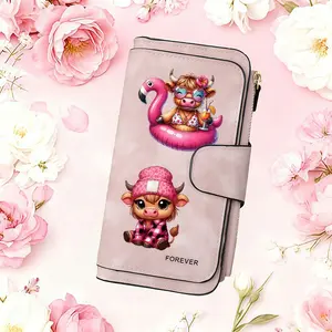 1pc Summer flamingo highland cattle pattern women's long wallet, multi-functional wallet, portable snap coin purse, birthday gift and daily commuting essential, perfect holiday gift, suitable for outdoor, travel and family use, 3.16CYJ-16