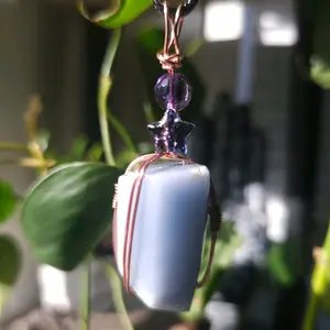 Angelite & Amethyst Wirewrapped Freeform Pendant - Natural Crystal Healing