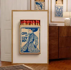 Cool It Cowboy Matchbook Print, Coastal Cowgirl Millennial Granddaughter Toile Chinoiserie Indigo Blue White Poster Western Decor Trendy Art No Frame